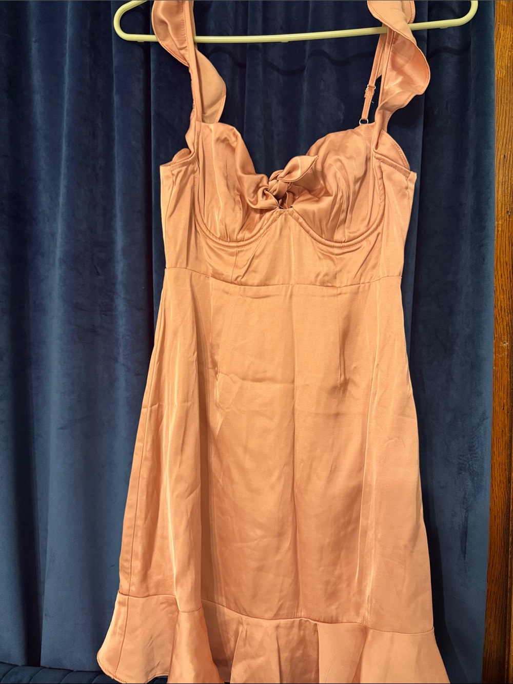 Astr Peach Satin Slip Dress with Ruffle Straps